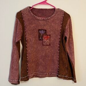 Hand stitched Red and Pink Shirt with Long Sleeves and Flower Detail